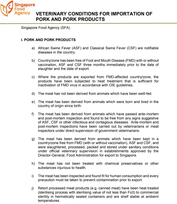 新加坡修订猪肉进口条件