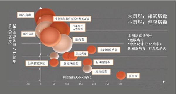 图1. 病毒对消毒剂的敏感性分类。小型且裸露的病毒比大型包膜病毒更难杀灭