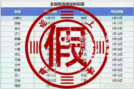 双十二刚过去不久，网上就出现了一张“全国物流停运时间表”，其中详细标注了2021年春节期间全国物流停发的时间，如内蒙古、西藏、吉林等地1月5日停运，新疆、甘肃、宁夏等地1月10日停运，天津、北京等地1月13日停运，上海、山东、浙江、湖北、江西等地1月18日停运。  类似的表格并不止一个版本  图片  图片  图片  网传表格可靠吗？  记者致电EMS、顺丰、申通等多家快递公司官方客服电话，客服人员都表示目前没有接到过物流停发的通知。申通快递客服人员特别强调，目前申通没有下发全国统一的2021年春节期间物流政策，请以各地网点政策为准。  事实上，快递公司放假或是运输线停运并非统一规定，而是各快递公司根据情况自行决定，没有全国版本的时间表。  每年1月和12月，“全国物流停运时间表”都会在网上热传，上海辟谣平台曾对相关谣言多次辟谣。今年热传的所谓“时间表”也是根据历年传言拼凑嫁接的，和2021年春节假期完全不符。  需要收寄快递的网友可以提前致电物流网点确认，也可以询问电商平台或卖家客服，一般都会得到明确的答复。  虽然物流提前停运的消息被辟谣，但是目前国内的疫情情况仍旧不容乐观，即使这是一份被辟谣的物流停运表，根据往年经验，离物流停运时间也不远了，为防止疫情突发，影响物流发货速度，各位农资人应该未雨绸缪，做到手中有货，心中不慌！
