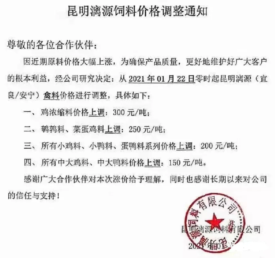 饲料涨价通知
