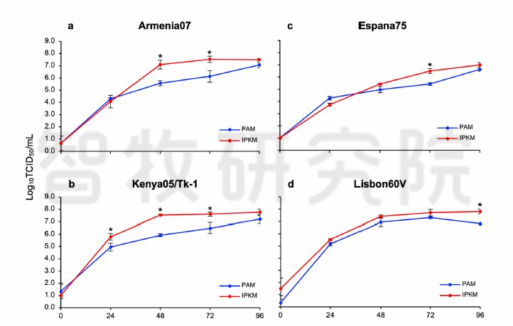 四个非洲猪瘟毒株在IPKM和PAM细胞系上的生长曲线图