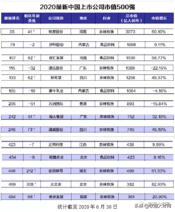 500强榜单出炉：牧原雄踞榜首，海大市值超千亿紧随其后