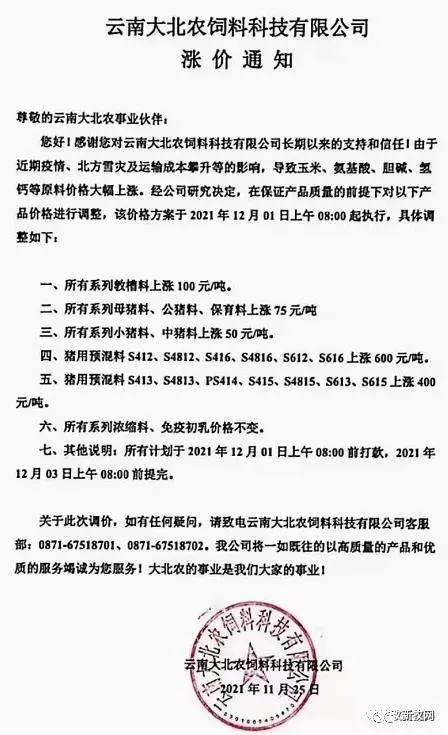 饲料最高上涨500元/吨！12月初新希望、海大、通威、双胞胎、大北农、傲农、安佑等大型饲企集体宣布涨价！