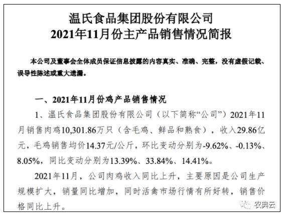 牧原、温氏公布11月销售业绩来了，牧原股份生猪销售收入67.67亿元，温氏股份肉猪销售收入环比下降2.78%