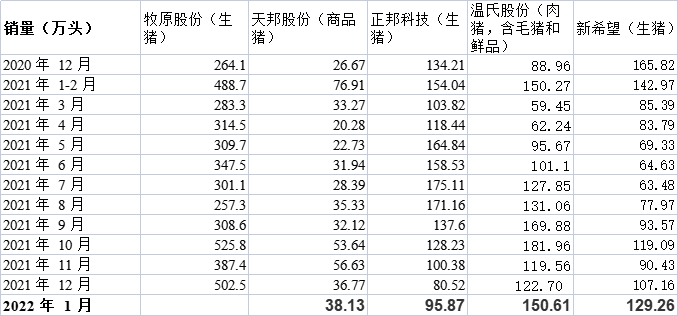 各上市猪企销量情况  制表  彭艳秋