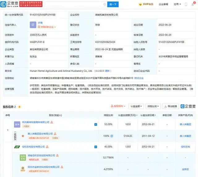 唐人神、金新农等投资成立和美农牧公司，注册资本3000万
