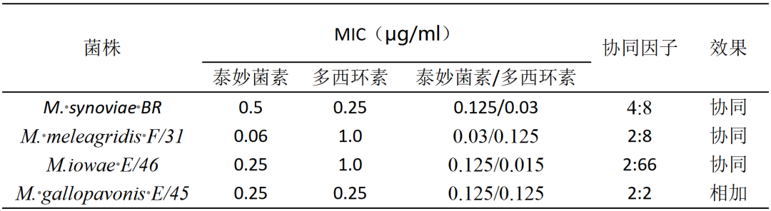 泰妙菌素和多西环素单独和联合治疗不同禽源支原体的MIC比较研究（Burch，1993）