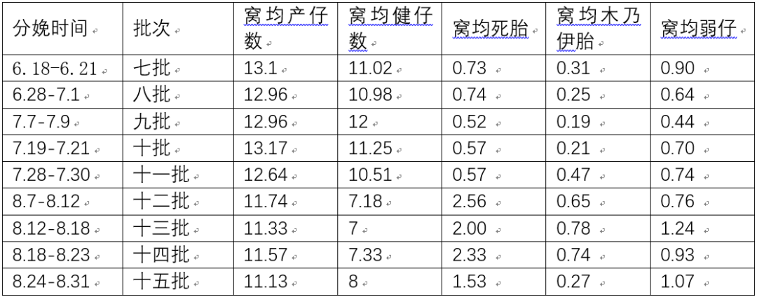 各批次母猪分娩的生产数据记录