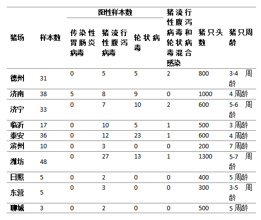 新鮮糞便中輪狀病毒,豬流行性腹瀉病毒和傳染性胃腸炎病毒的檢出率