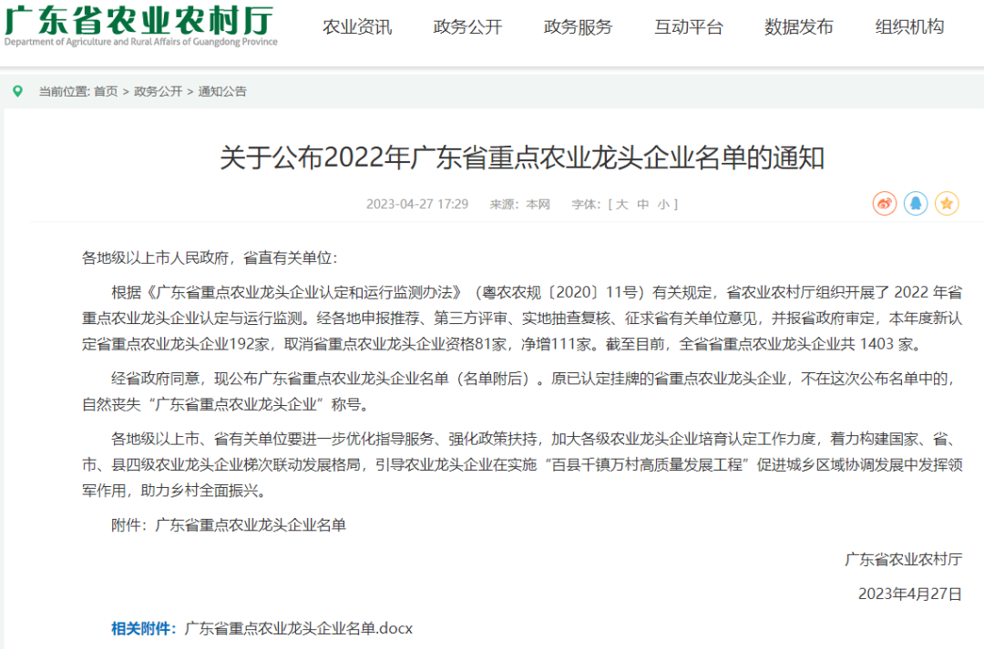 2022年广东省重点农业龙头企业