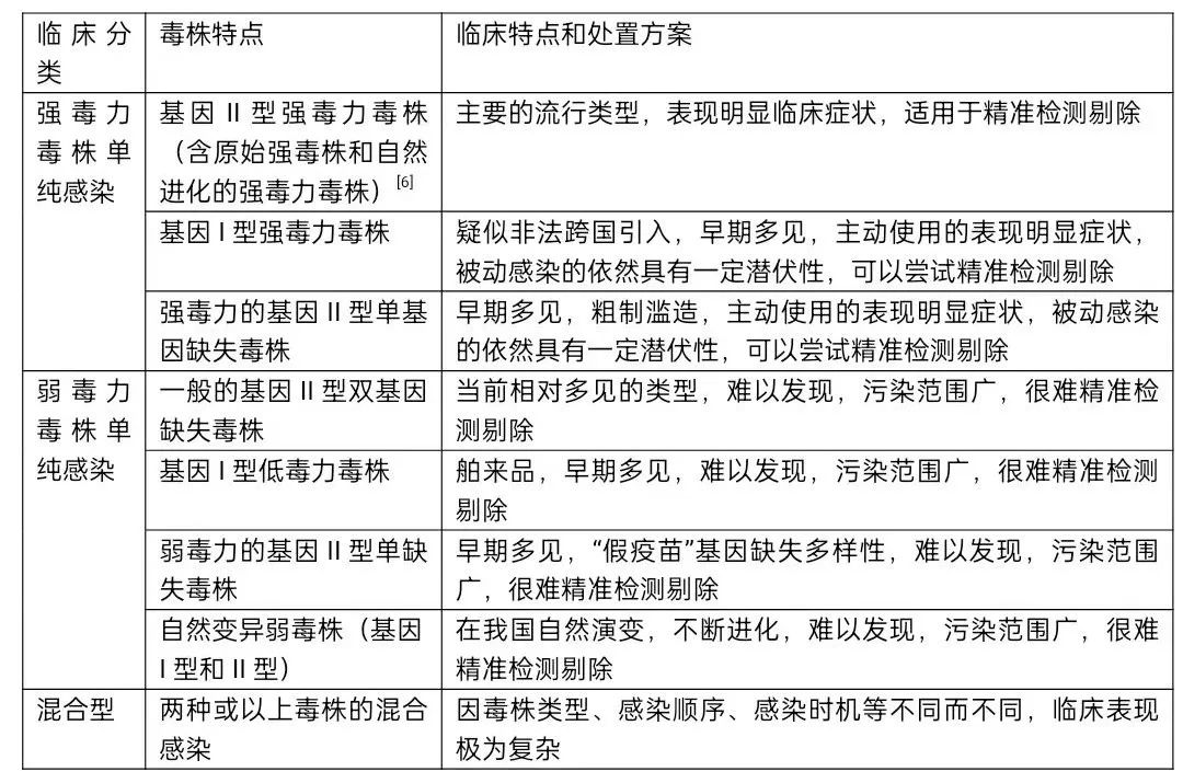 不同非瘟病毒毒株感染的临床分类