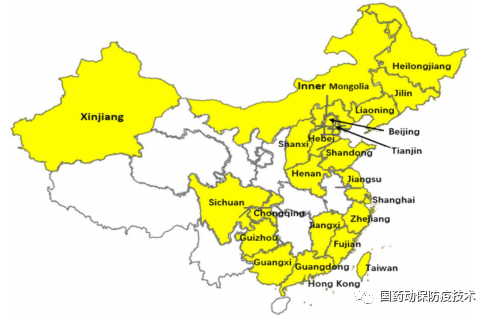 截至2023年3月，在中国检测到PRRSV-1的省份