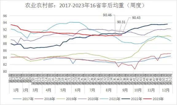 农业农村部：今年第36周生猪宰后均重90.43kg，较上周上涨0.13%