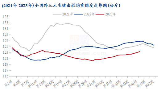 2021年-2023年全国外三元生猪出栏均重周度走势图