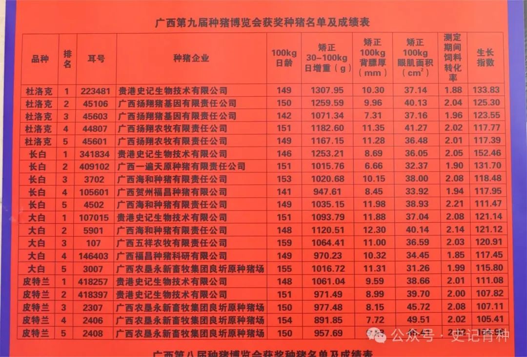 厉害了！广西第九届种猪博览会公布2023年种猪测定成绩，史记四个品种测定成绩第一！