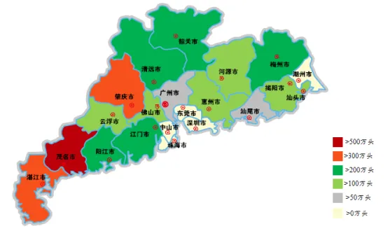  2023年广东各地市生猪出栏量分布图