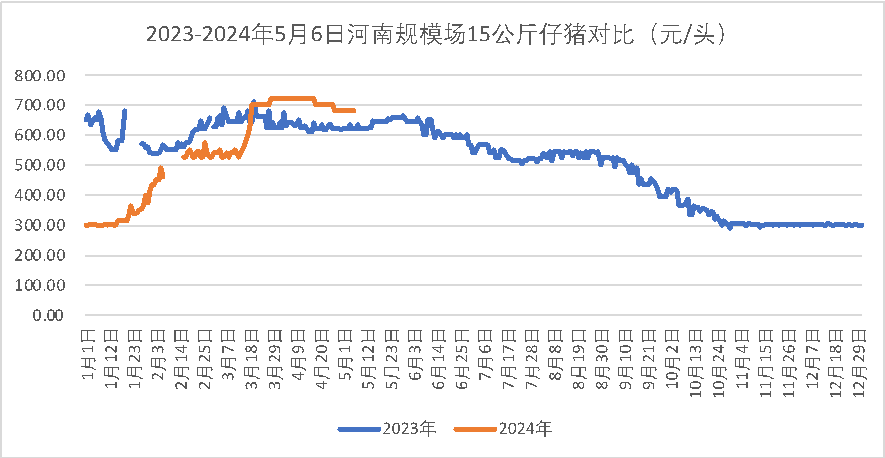 2023年-2024年5月6日河南规模场15公斤仔猪价格对比