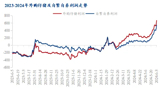 2023-2024年外购仔猪及自繁自养利润走势