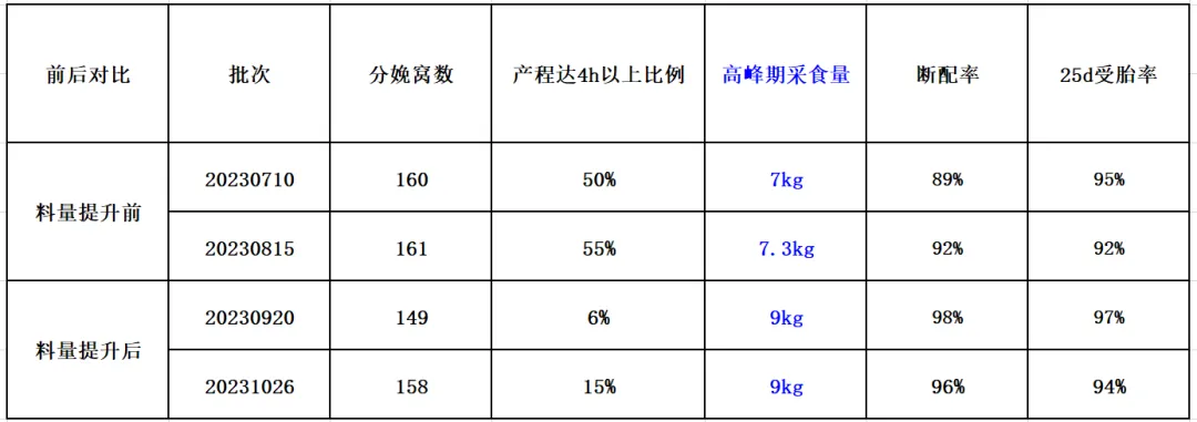 母猪产程和料量及断配率受胎率统计对比