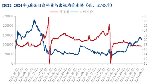  2020-2024年屠企日度宰量与出栏均价走势