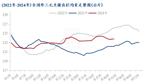 2022年-2024年全国外三元生猪出栏均重走势图