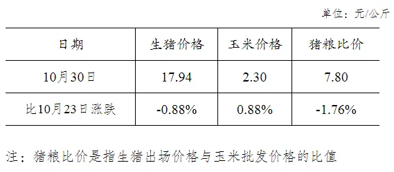 2024年10月30日全国生猪出场价格及主要批发市场玉米价格