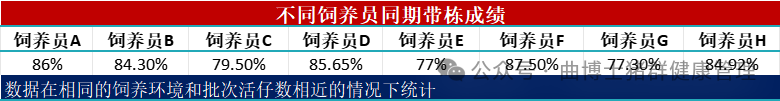不同饲养员同期带栋成绩
