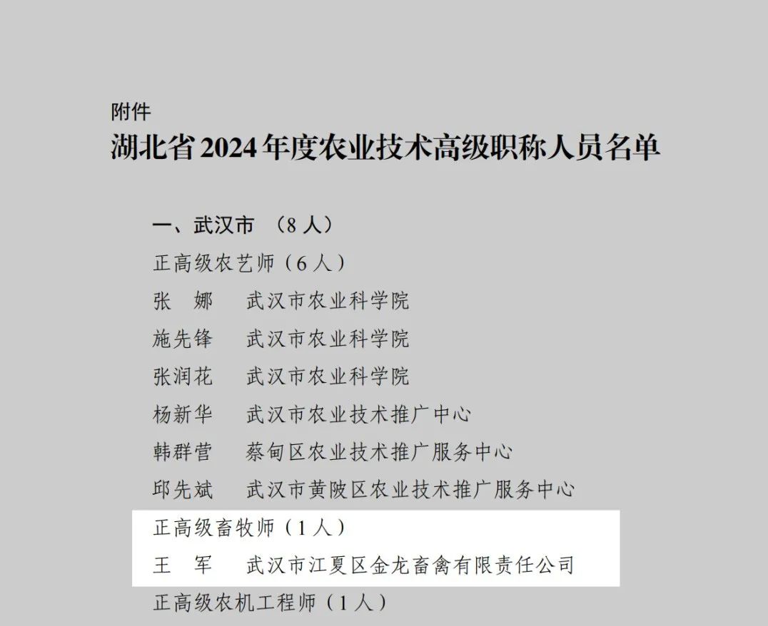 武汉金龙集团湖北天豕总经理王军获评正高级畜牧职务任职资格