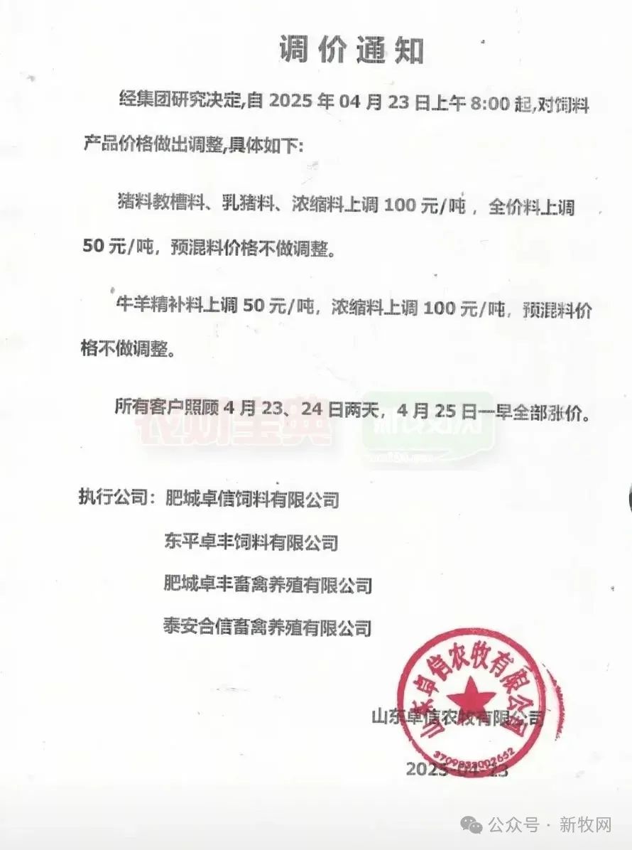 饲料调价通知
