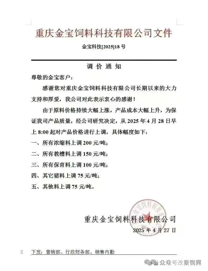 饲料调价通知