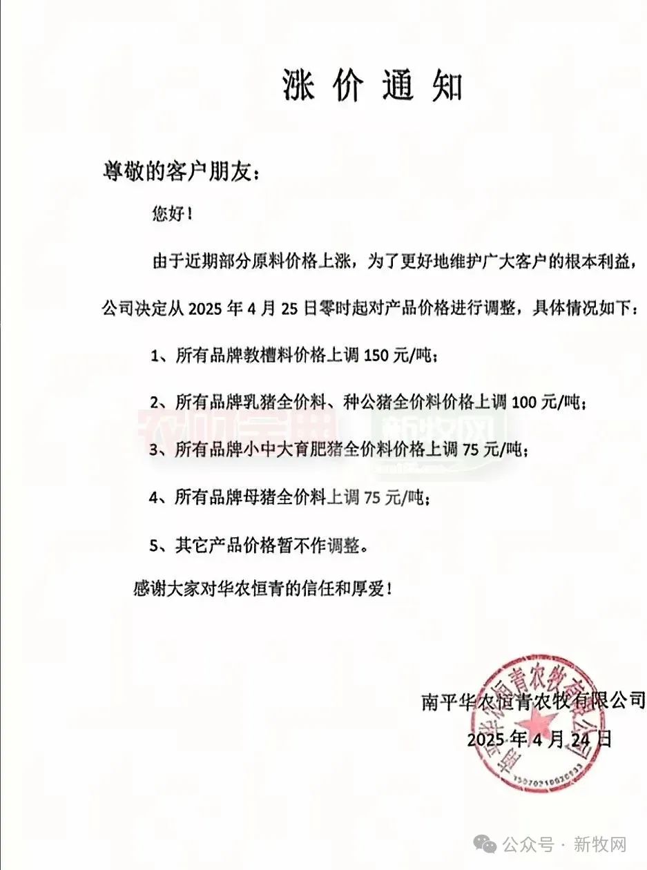 饲料调价通知