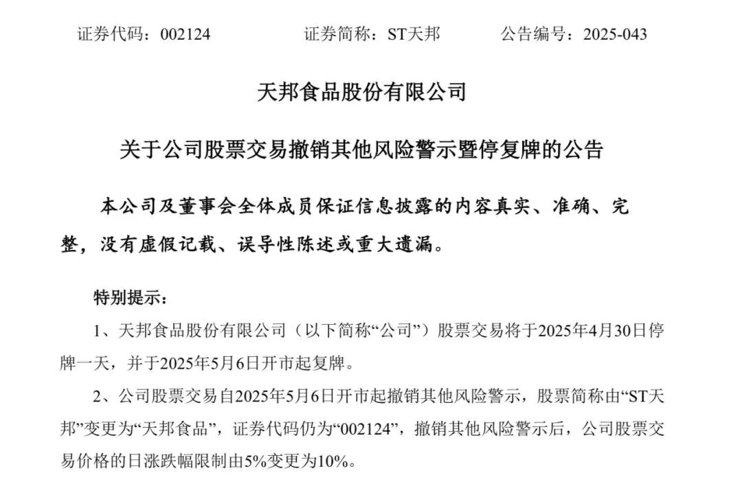 一年时间成功“摘帽”！2025年5月6日起，“ST天邦”恢复为“天邦食品”！