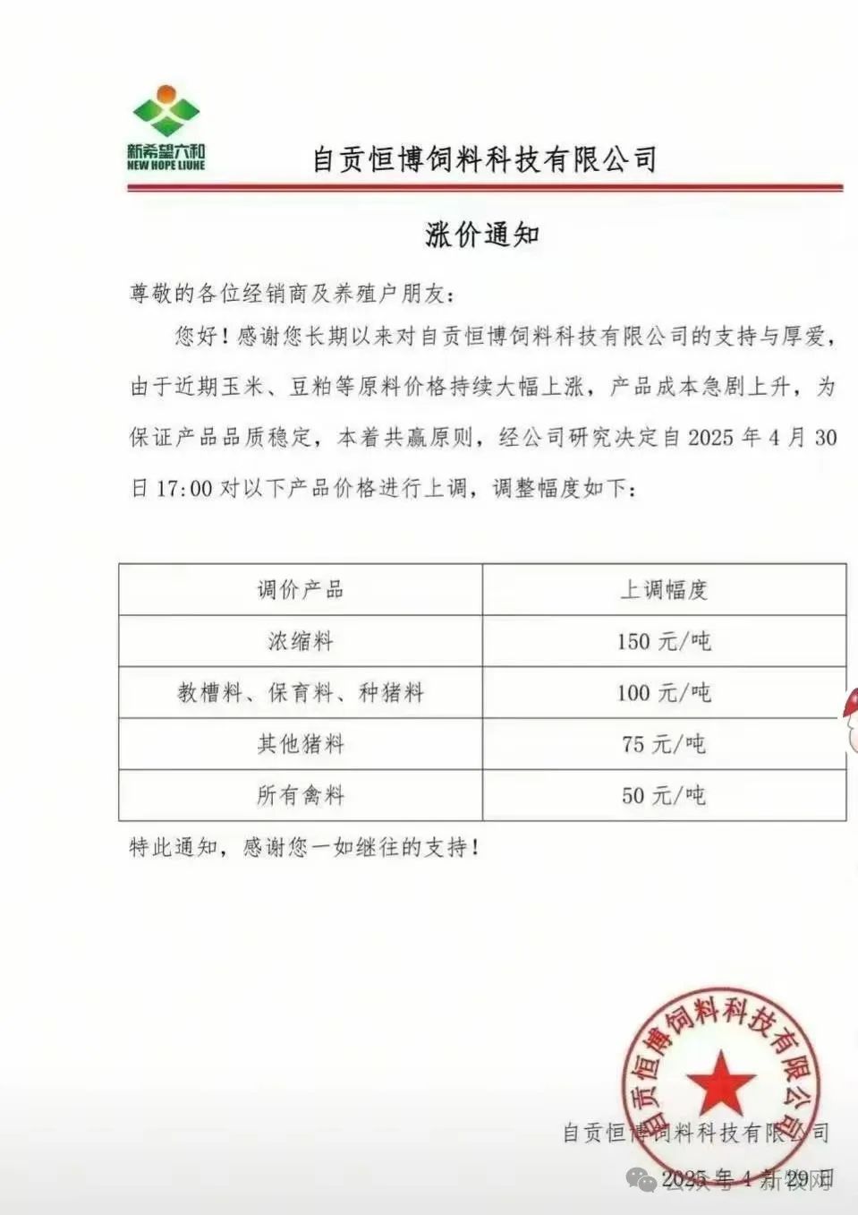饲料调价通知