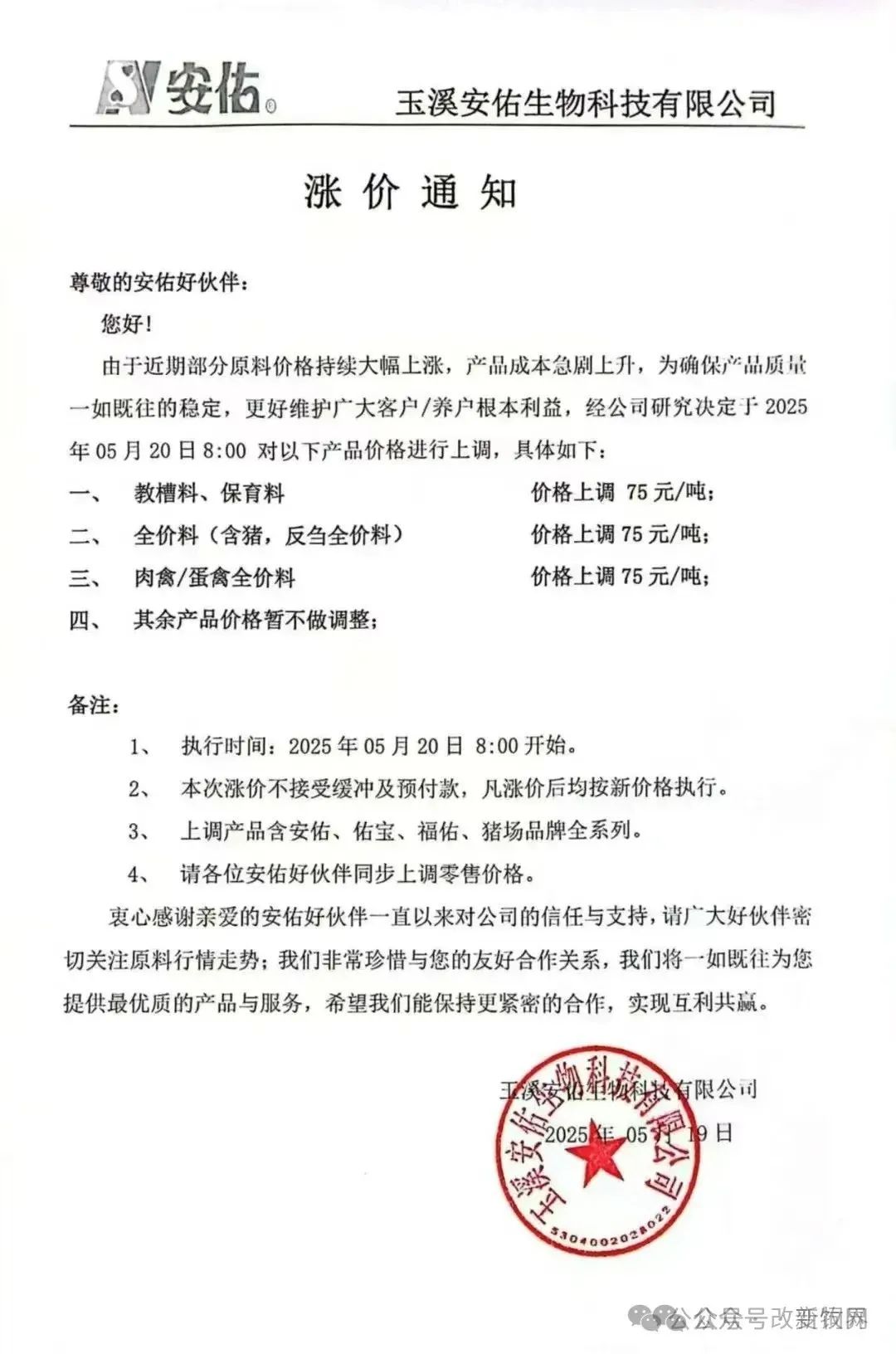 调价通知