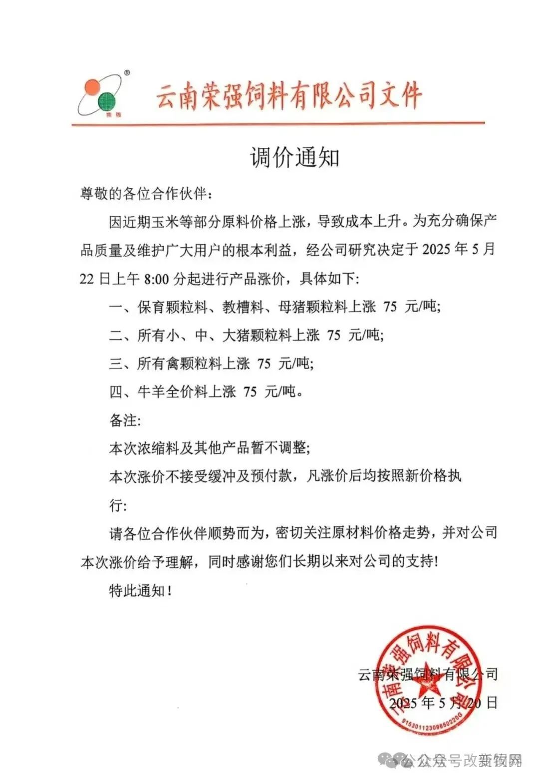 调价通知