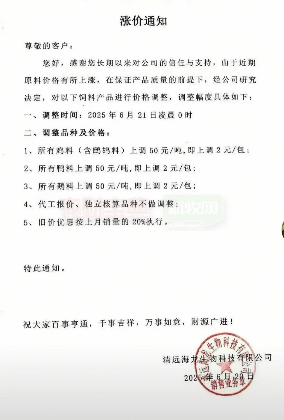 饲料调价通知